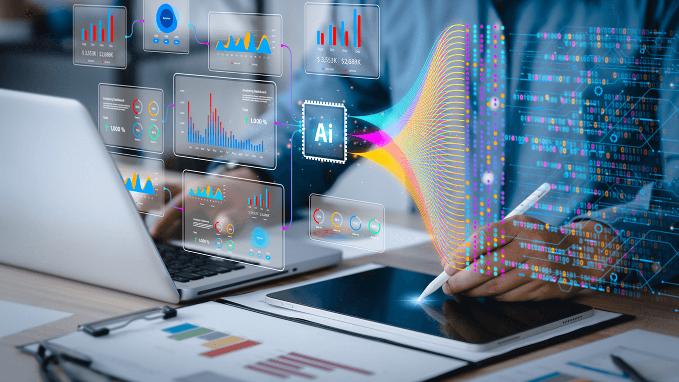 An AI-powered data analytics interface showing dashboards, real-time insights, and intelligent data flows across a modern data platform.