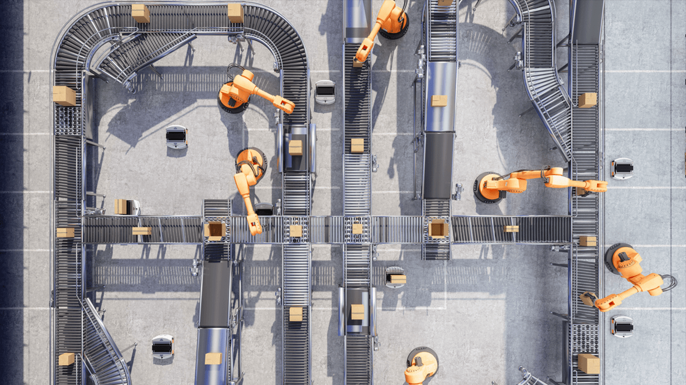 Automated warehouse with robotic arms and conveyor belts representing AI-driven enterprise operations