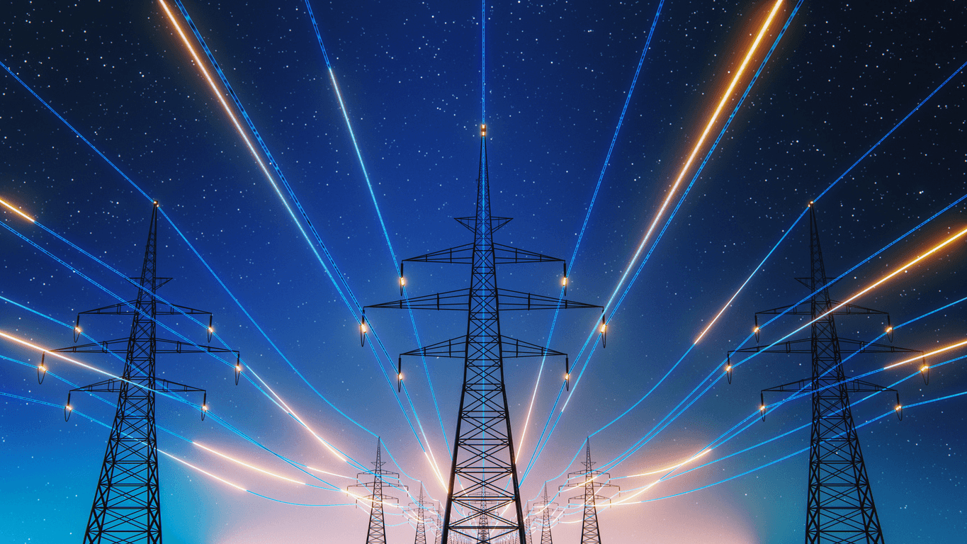 Power lines with glowing light trails, representing how AI is transforming the energy sector.